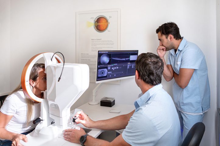 New Ophthalmology Center - Jamaica Hospital Two eye doctors performing an eye exam in a clinical setting